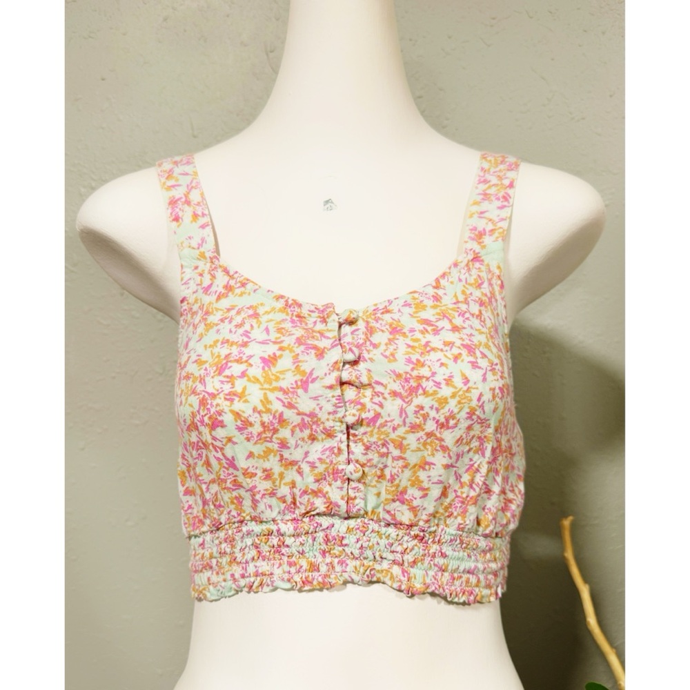 Roxy Sea Fog Smocked Strappy Tank Top Mint Green Floral Crop Top XS